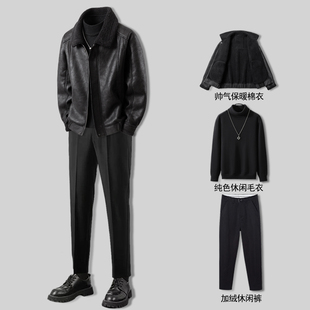 男装2025新款冬装皮毛一体男外套短款帅气棉衣夹克男装高级感套装