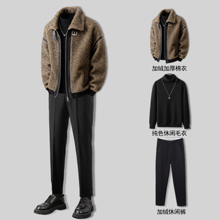 2025冬季新款翻领短款加绒加厚棉衣外套英伦雅痞男装高级感痞帅风