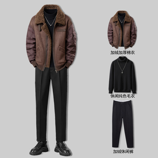 男士外套2025新款冬装皮毛一体加绒加厚棉服棉衣男装高级感套装