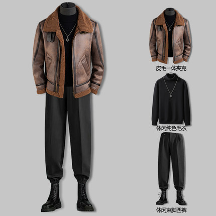 皮衣外套男士秋冬季2023新款潮牌复古加绒加厚皮毛一体机车服夹克