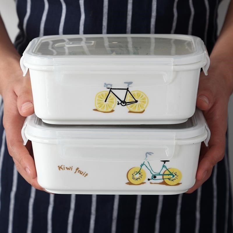 单格陶瓷饭盒水果盒带盖保鲜盒微波炉加热长方形密封碗上班