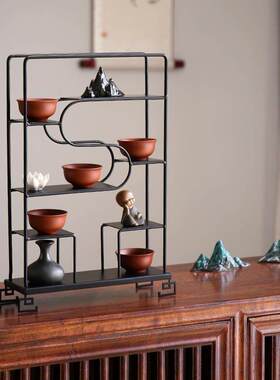 茶文化收纳工艺品创意茶室摆件柜子装饰品新中式博古架办公室茶几