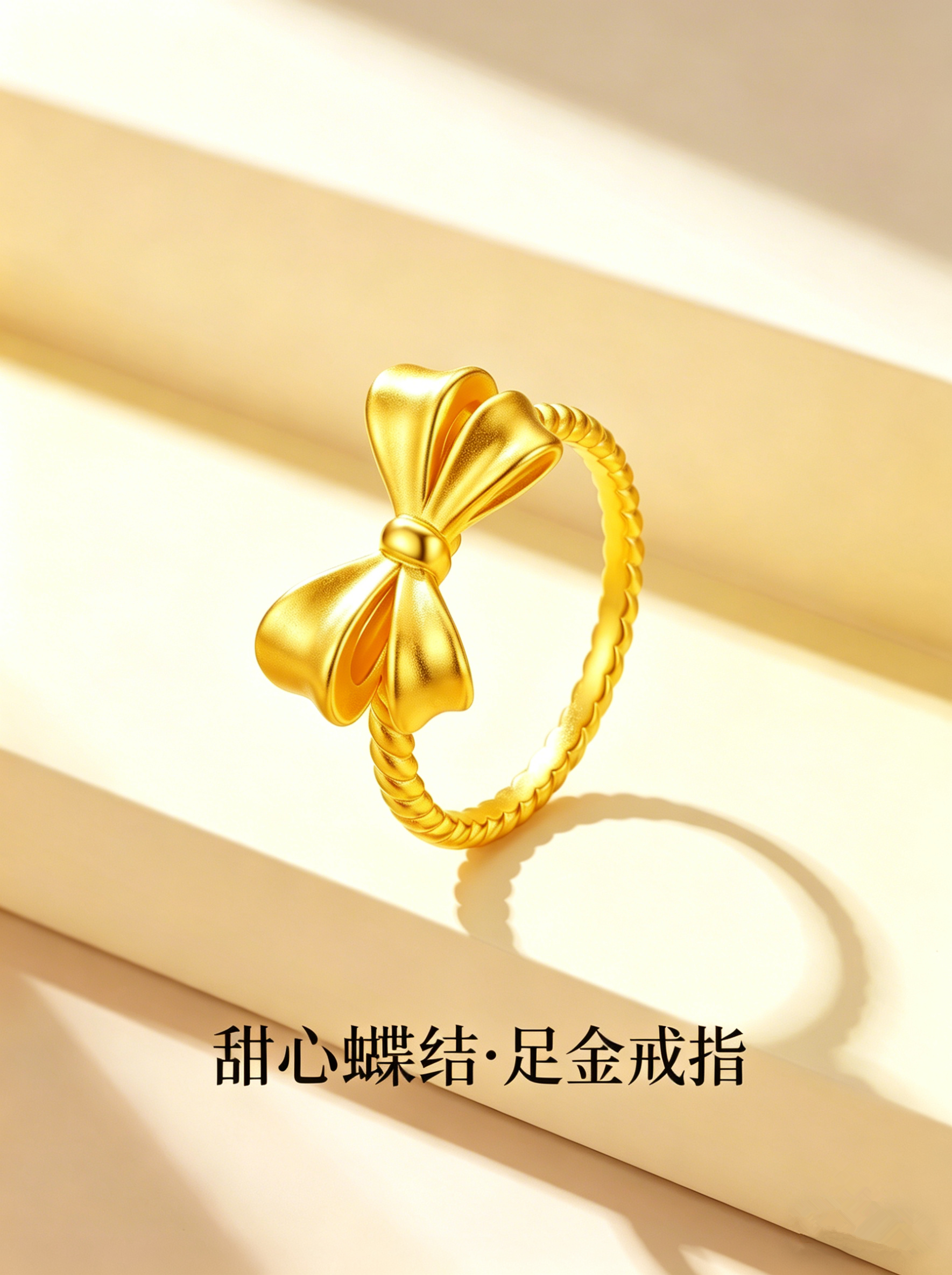中国至臻黄金蝴蝶结戒指3D硬金足金999纯金光面素圈指环送礼女友