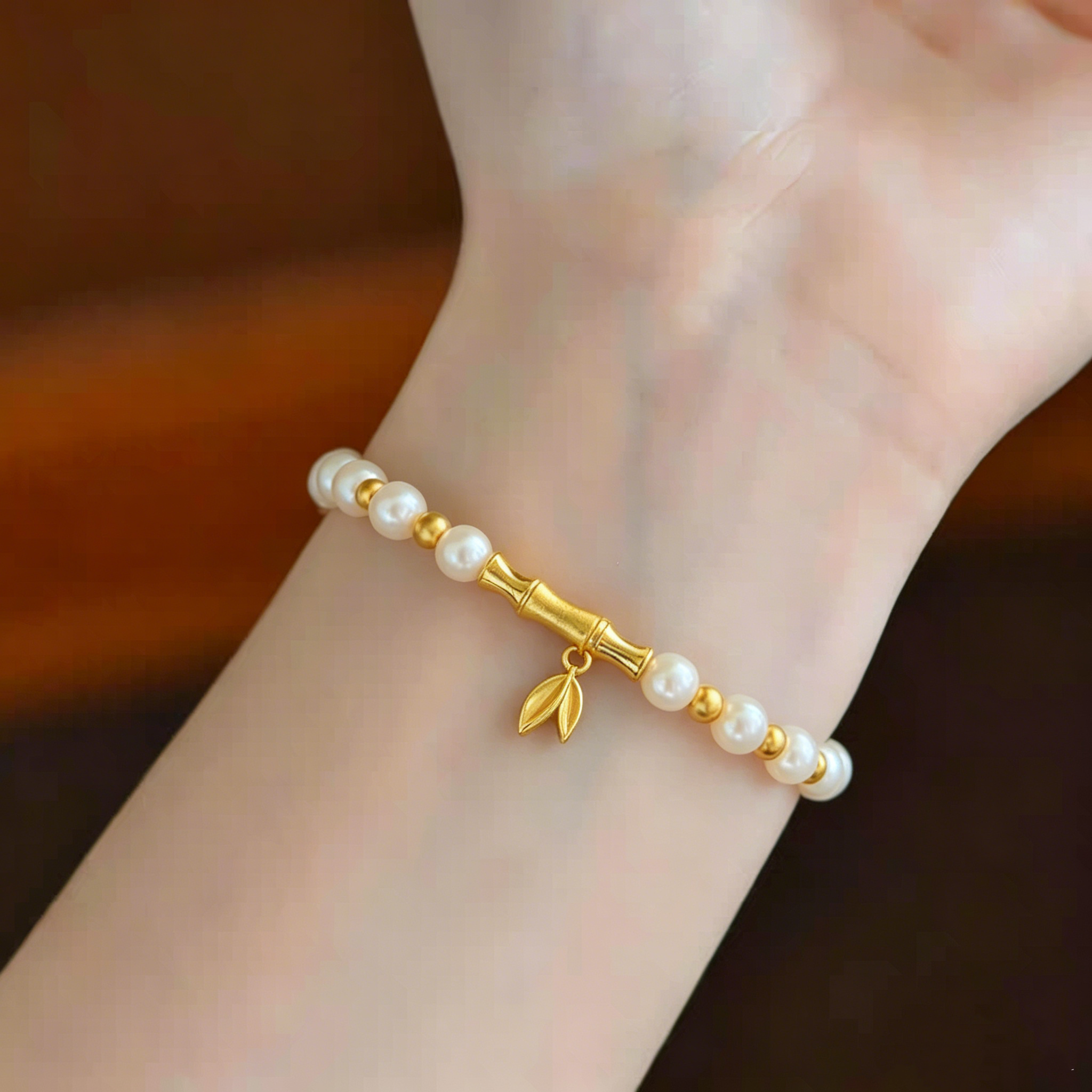 中国至臻黄金蝴蝶结手链玲珑珠999足金节节高天然珍珠手串送女友