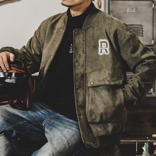 美式 复古水洗重磅麂皮绒棒球服外套男秋冬季 加厚工装 卫衣夹克大码