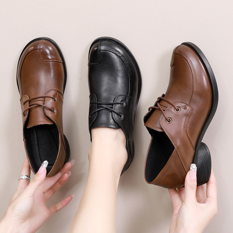 真皮单鞋女春季系带软皮软底休闲皮鞋女士防滑粗跟舒适中年妈妈鞋