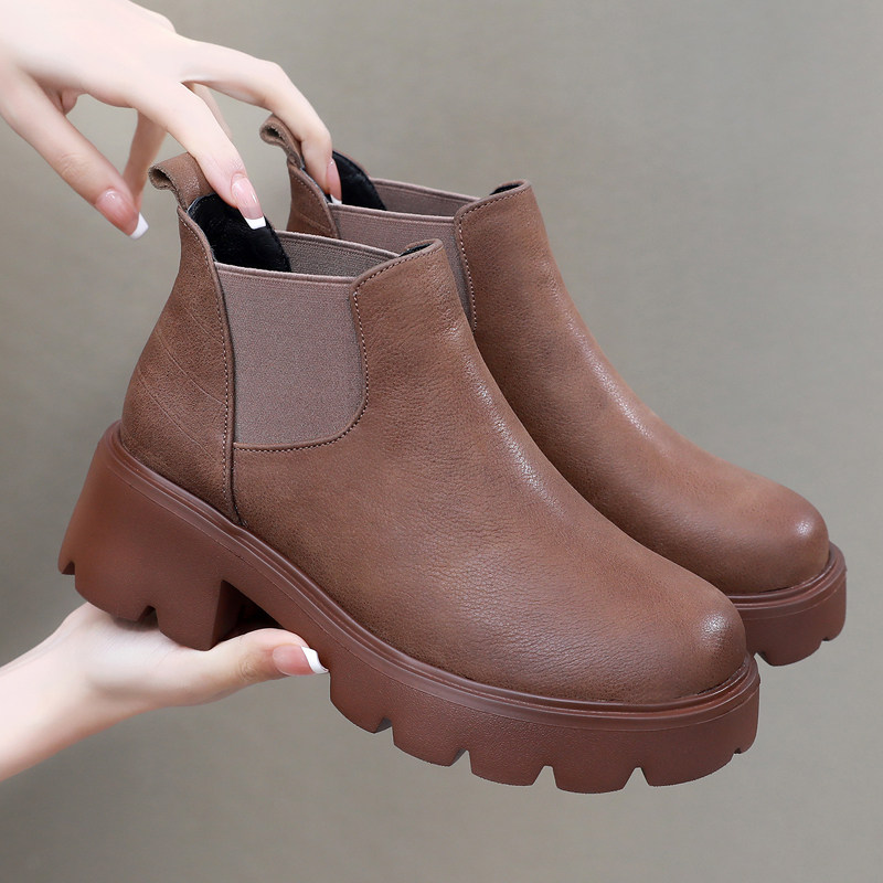 复古厚底切尔西靴女真皮2025秋冬新款加绒女鞋舒适粗跟短靴及踝靴,女鞋,马丁靴,淘宝优惠券,粉丝福利购,淘宝优惠卷