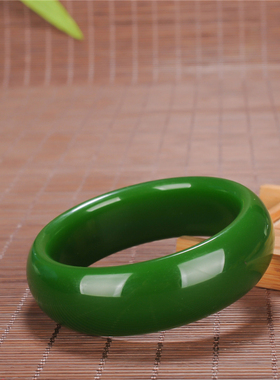 玉石匠新疆和田玉碧玉手镯 时尚菠菜绿色女士玉镯扁圆形碧玉手镯