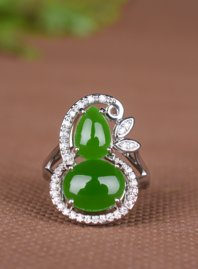 新疆和田玉碧玉葫芦玉戒指时尚女款菠菜绿色活扣玉葫芦可调节指环