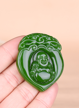 玉石匠新疆和田碧玉佛在心中 菠菜绿色弥勒佛大肚佛公 女款笑佛