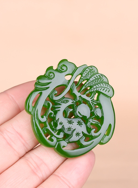 玉石匠新疆和田玉碧玉双面镂空福禄寿吊坠梅花鹿挂件车挂寿桃玉佩