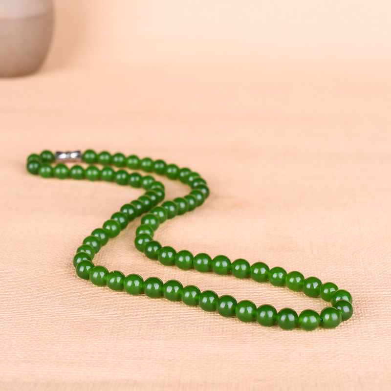 玉石匠新疆和田玉碧玉项链菠菜绿色女士项链 原石打磨圆珠6mm