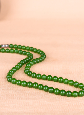 玉石匠新疆和田玉碧玉项链菠菜绿色女士项链 原石打磨圆珠6mm