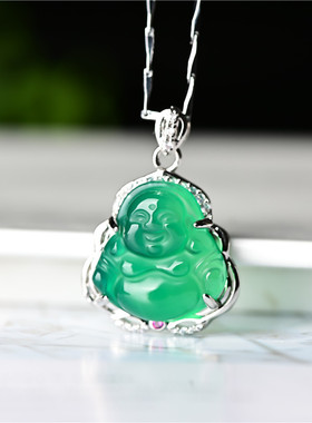 玉石匠绿玉髓弥勒佛吊坠 阳绿色925银镶嵌佛公玉坠翡翠色笑佛挂件