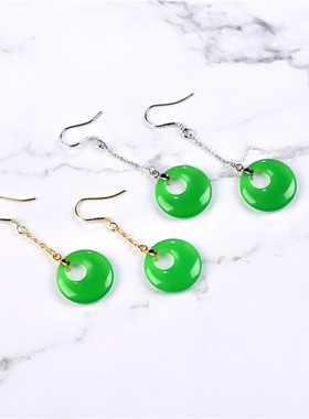 玉石匠巴山翡翠色偏心扣耳环 网红款平安扣耳线 女款阳绿色耳坠