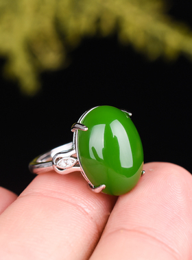 新疆和田碧玉925银镶嵌戒指女款活扣戒子老坑碧玉网红款指环首饰