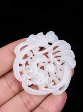 玉石匠新疆和田白玉双面镂空福禄寿吊坠梅花鹿如意寿桃挂件玉佩