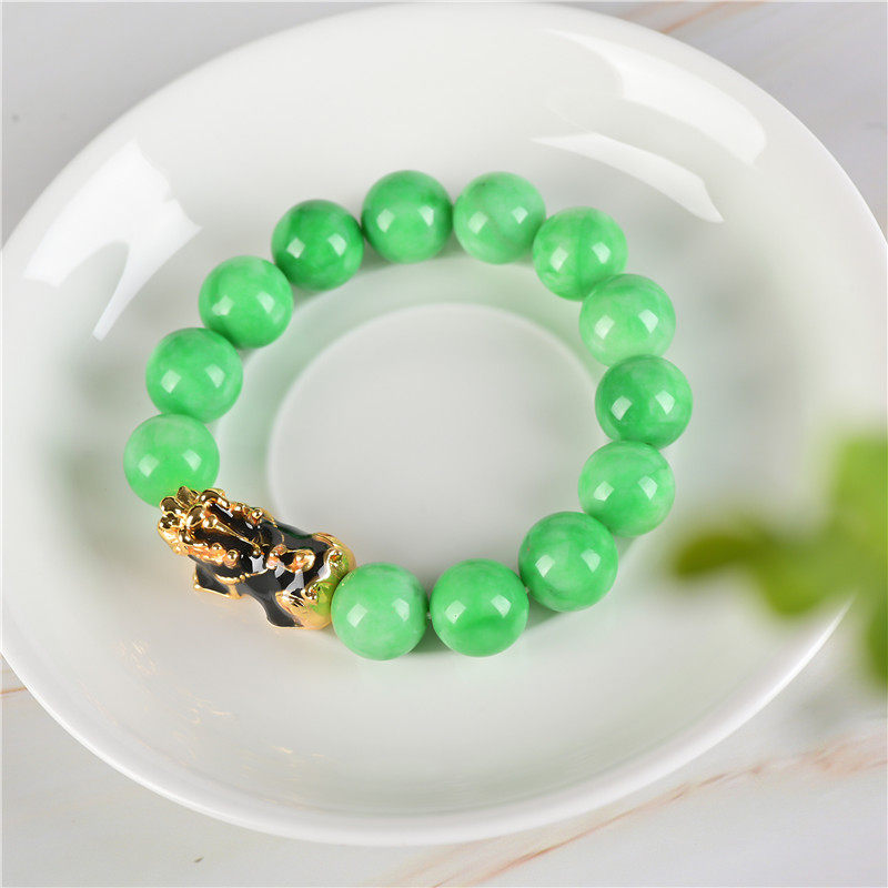 玉石匠祖母绿色圆珠手链 景泰蓝鎏金貔貅手串 翡翠转运皮休首饰