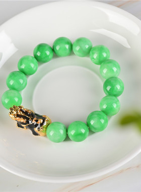 玉石匠祖母绿色圆珠手链 景泰蓝鎏金貔貅手串 翡翠转运皮休首饰