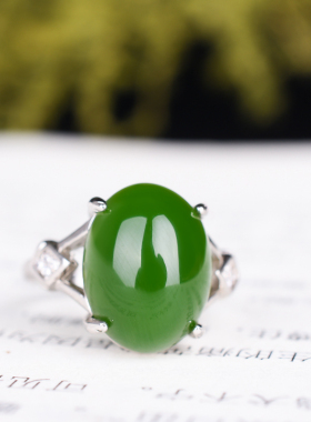 新疆和田碧玉女款戒指活扣戒子网红款925银镶嵌老坑碧玉指环首饰