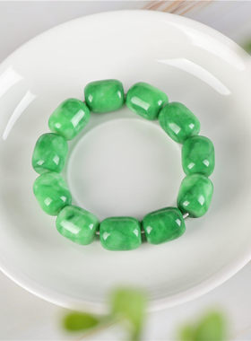 玉石匠祖母绿色翡翠桶珠手链 干青铁龙生路路通手链飘花油青手串