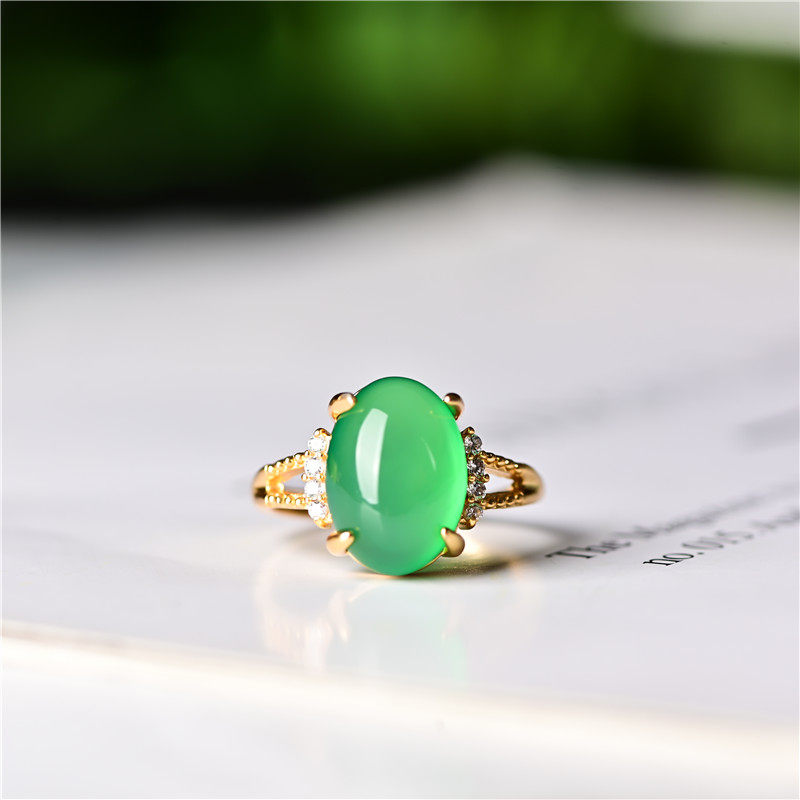 玉石匠绿玉髓蛋面戒指 翡翠色阳绿日韩款指环 祖母绿色女款手饰