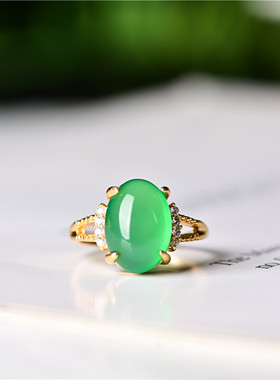 玉石匠绿玉髓蛋面戒指 翡翠色阳绿日韩款指环 祖母绿色女款手饰