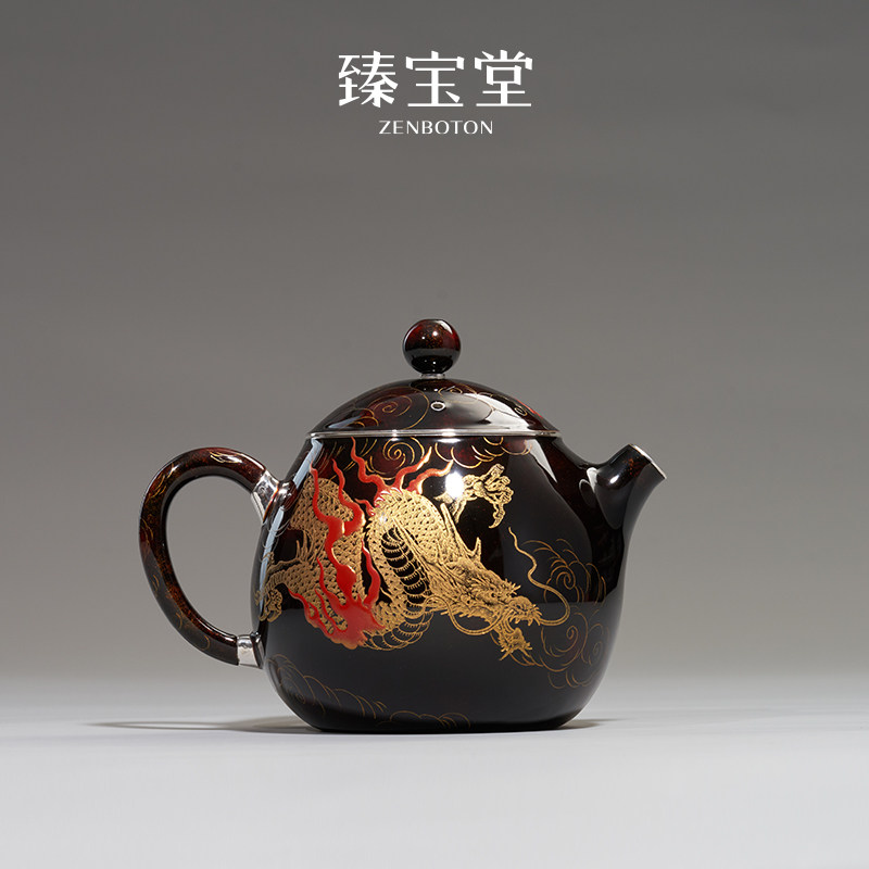 臻宝堂银壶9999纯银泡茶壶纯手工手绘大漆飞龙壶高端茶器足银茶具