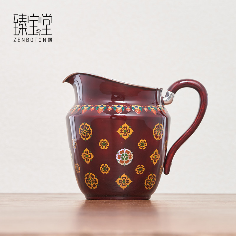 臻宝堂大漆公道杯纯手工螺钿宝相花分茶器茶海9999纯银盛唐系茶具