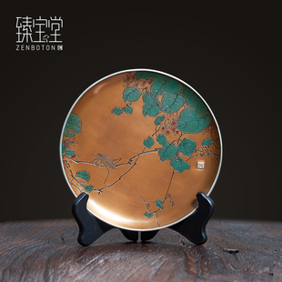 臻宝堂铜壶承养壶干泡台纯手工雕刻山野虫鸣小茶盘家用包银边茶具