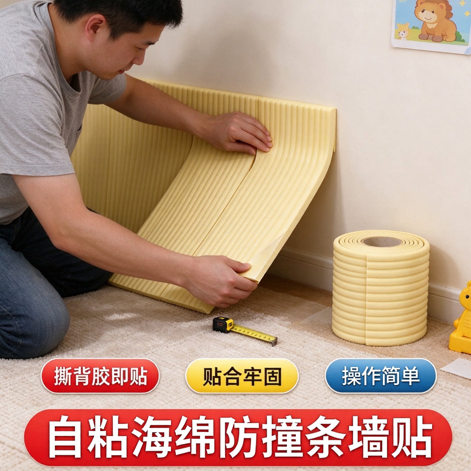 自粘海绵防撞条软装墙贴带背胶加厚高弹泡沫海绵胶带家用儿童房间布置