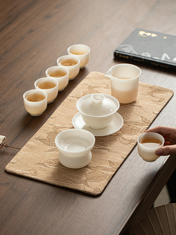 家用羊脂玉纯白功夫茶具茶杯套装璞玉冰种盖碗泡茶器高档轻奢礼盒