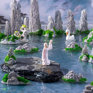 创意中式古风禅意假山水李白 微缩鱼缸造景diy装饰品配件小摆件