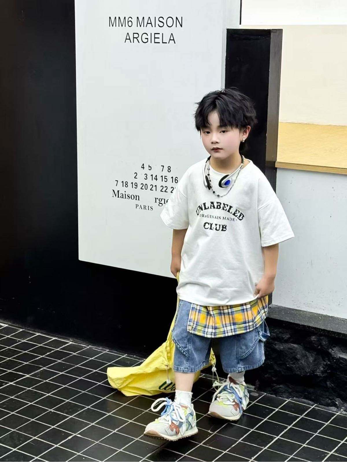 2026夏季新款男童韩版洋气短袖T恤上衣+渐变牛仔短裤套装个性