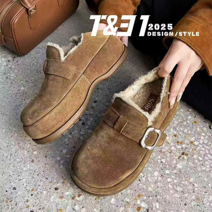 T31女鞋2025冬季新款加绒勃肯鞋磨砂皮两穿真皮乐福鞋保暖包头拖