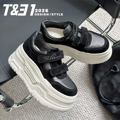 T31女鞋2026秋季新款厚底8cm松糕鞋显高设计款魔术贴休闲鞋超轻