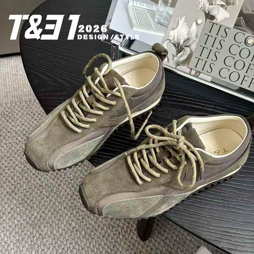 T31女鞋2026秋季新款复古德训鞋猄皮休闲鞋内增高运动鞋拼色时髦
