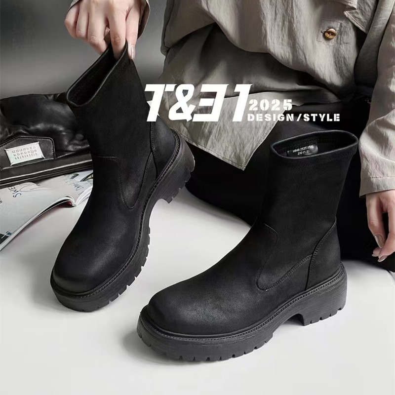 T31女鞋2025秋冬新款短筒瘦瘦靴净版中跟切尔西靴时装短靴弹力靴
