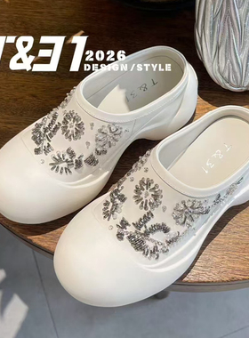 T31女鞋2026夏季新款包头拖鞋厚底半拖真皮凉拖水钻沙滩拖超舒服