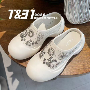 T31女鞋 新款 包头拖鞋 厚底半拖真皮凉拖水钻沙滩拖超舒服 2026夏季