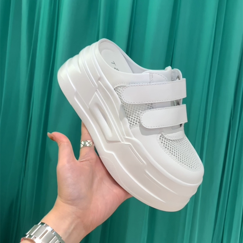 T31女鞋2026夏季新款魔术贴网面半拖厚底包头拖小个子穿搭增高8cm