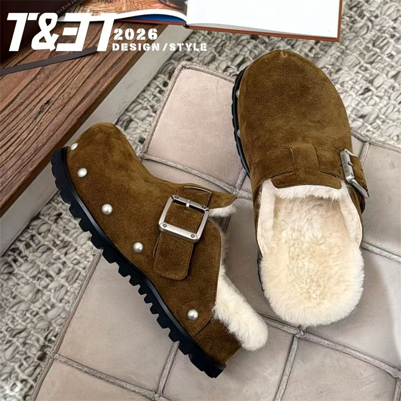T31女鞋2026秋季新款皮毛一体勃肯鞋厚底包头半拖时髦铆钉拖鞋