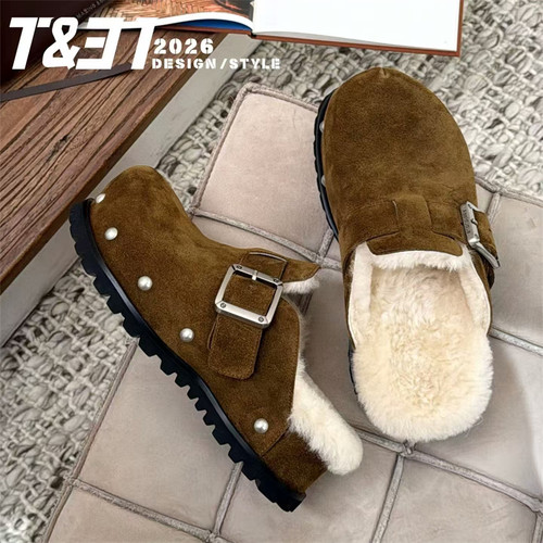 T31女鞋2026秋季新款皮毛一体勃肯鞋厚底包头半拖时髦铆钉拖鞋