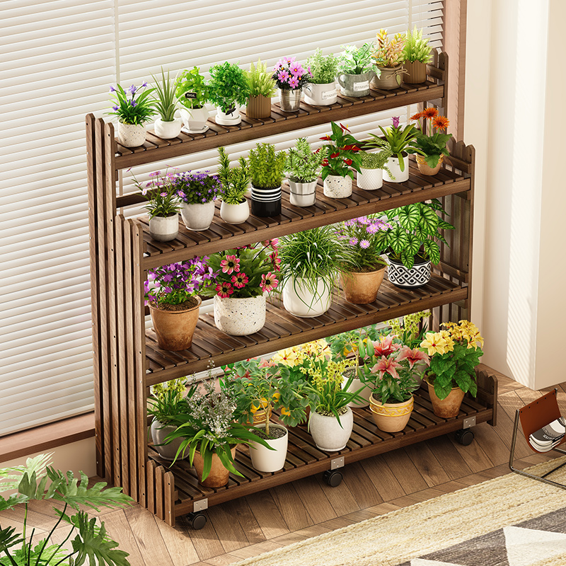 实木花架置物架阳台客厅落地式可移动阶梯式多层植物多肉花盆托架