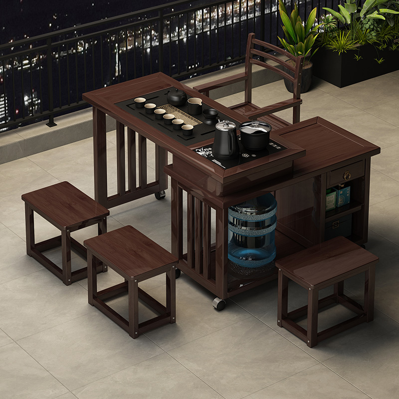 永爵楠竹旋转茶桌椅组合可移动