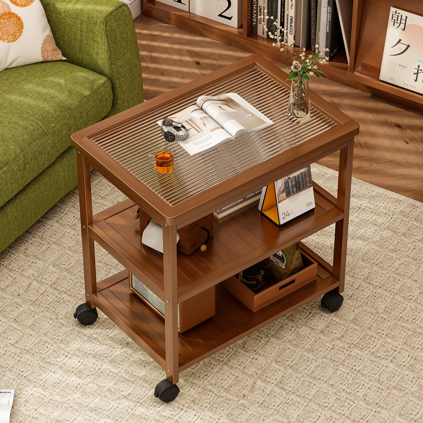 移动置物架玻璃小推车带轮茶几