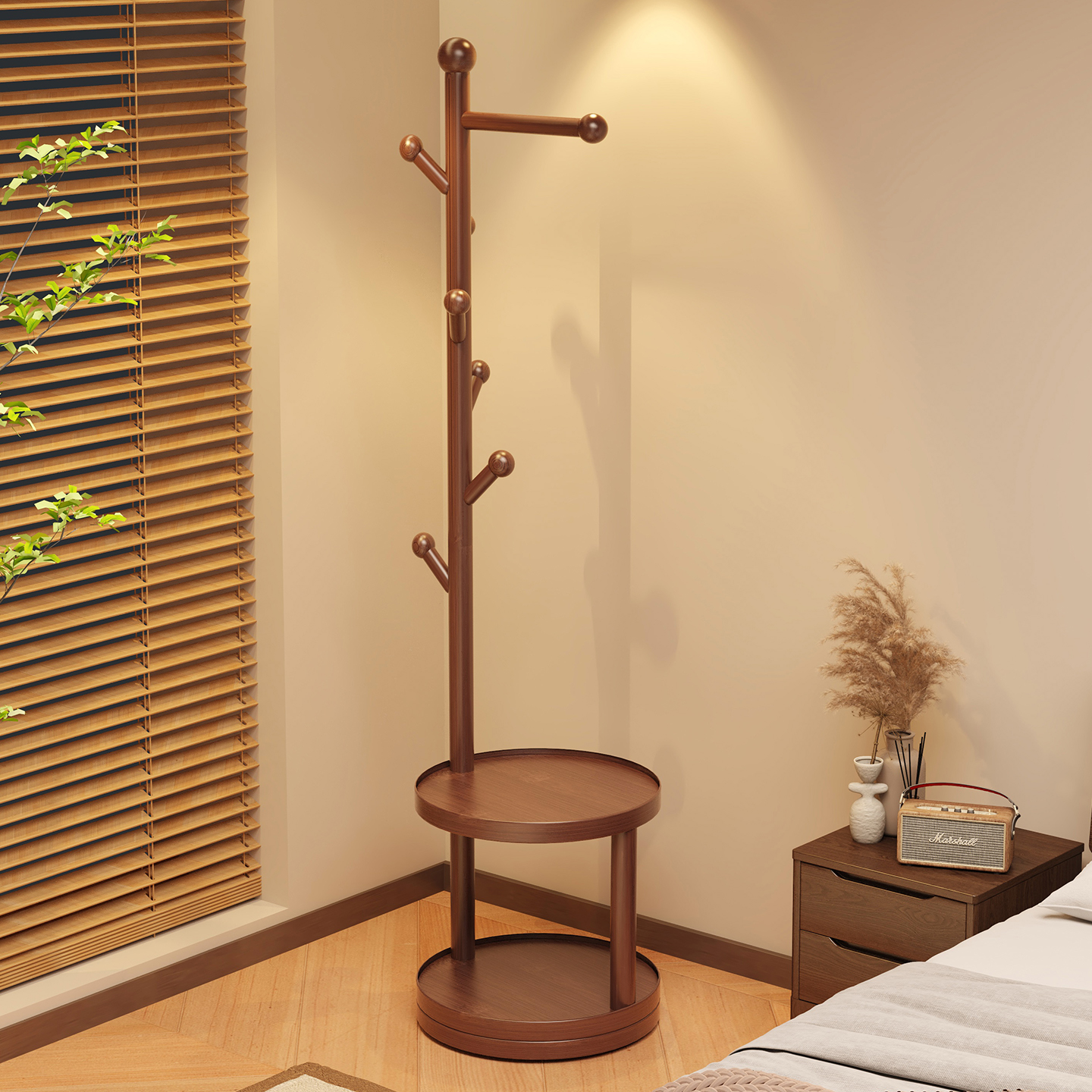 实木衣架落地卧室挂衣架家用简易立式小型置衣架床尾衣服收纳神器