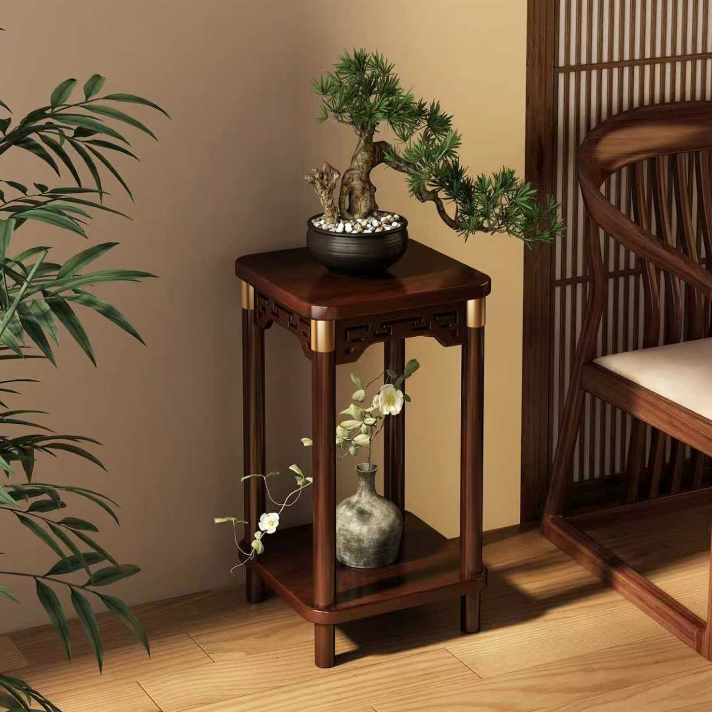 中式花架子客厅落地式置物架多层实木花台室内花盆景架绿植摆放架