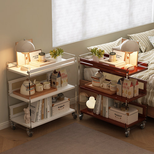 中古风实木可移动沙发边几置物车