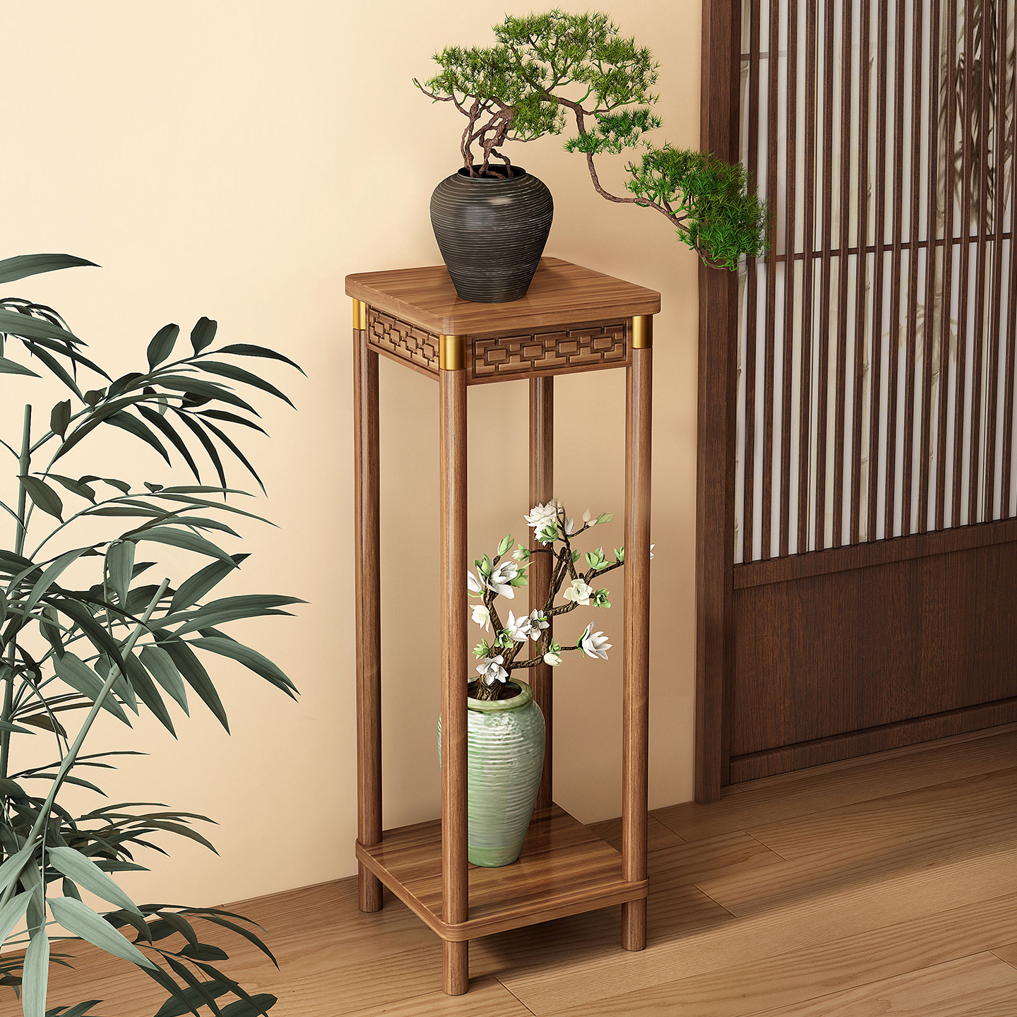 全实木中式博古架收纳花架子客厅落地式置物架阳台仿古盆景花盆架